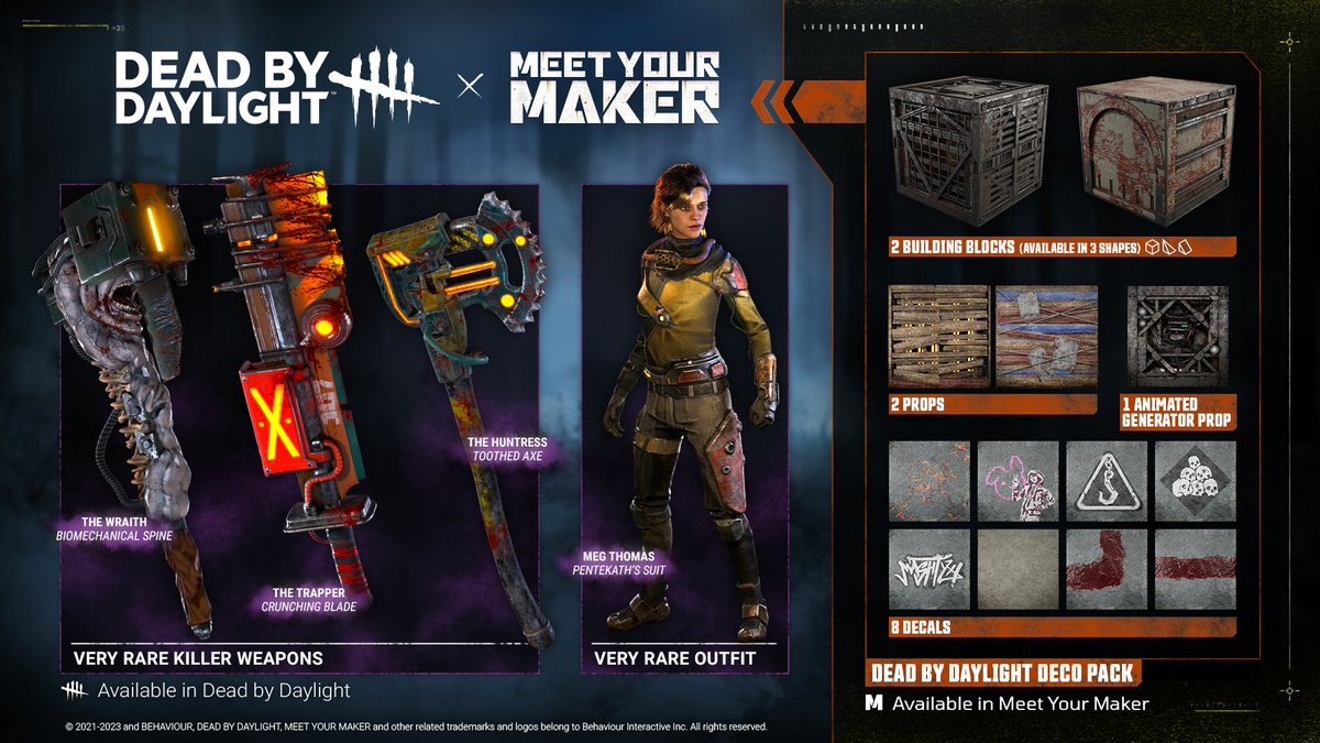 MeetYourMaker's tweet photo. When Meet Your Maker launches on April 4th, players who own both Dead by Daylight &amp; Meet Your Maker on the same platform will get their hands on highly exclusive cross-promo content in both games! Rewards will automatically be added to qualifying players - no extra steps needed! https://t.co/BAMVlsN7uB