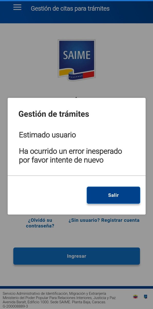 Osiris8a's tweet photo. @VenezuelaSaime me enviaron correo con link con una contraseña para ingresar al sistema y agendar cita de pasaporte pero al tratar de ingresar esto es lo que me aparece. Podrían ayudarme por favor... https://t.co/GZ8HV55sV4