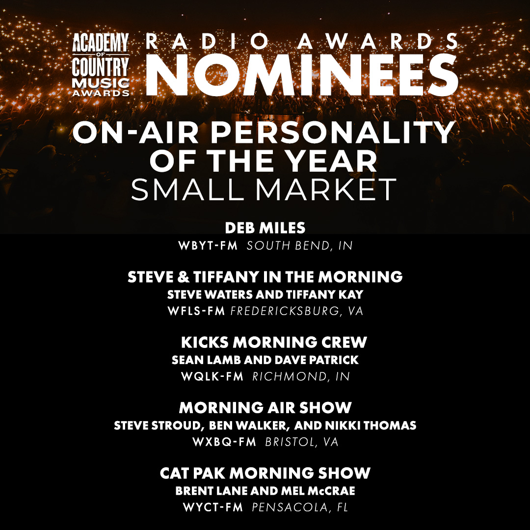 ACMawards's tweet photo. These nominees have BIG star power ⭐️The 58th #ACMawards On-Air Personality of the Year - Small Market nominees are:
@miles_deb
@933wfls's Steve Waters, Tiffany Kay
@kicks96wqlk's Sean Lamb, Dave Patrick
@969WXBQ's Steve Stroud, Ben Walker, Nikki Thomas 
@brentlanecat, Mel McCrae https://t.co/fDN8Y2Cvtt