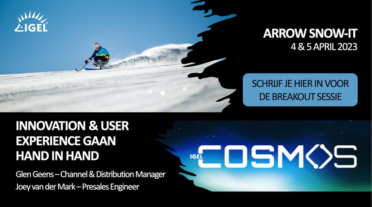 DE MANIER VAN WERKEN IS VERANDERD
Maar zijn gebruikers hier echt blij mee? Hoe kijken Microsoft, Citrix, IGEL, Avepoint en Broadcom hier tegenaan?

Kom naar de Remote Working Breakout sessie tijdens #Arrow_Snow_ IT in Snowworld, Zoetermeer. bit.ly/40pcjIW