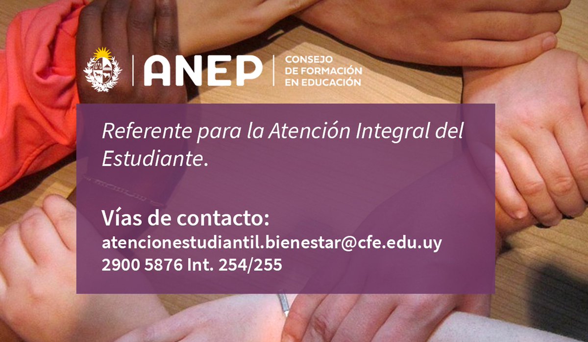 cfe_anep's tweet image. El Referente para la Atención Integral del Estudiante funciona bajo la órbita del Departamento Bienestar Estudiantil, articulando y coordinando con la Comisión de Inclusión y Diversidad y la Comisión Nacional de Becas. 

Más información: cfe.edu.uy/index.php/refe…