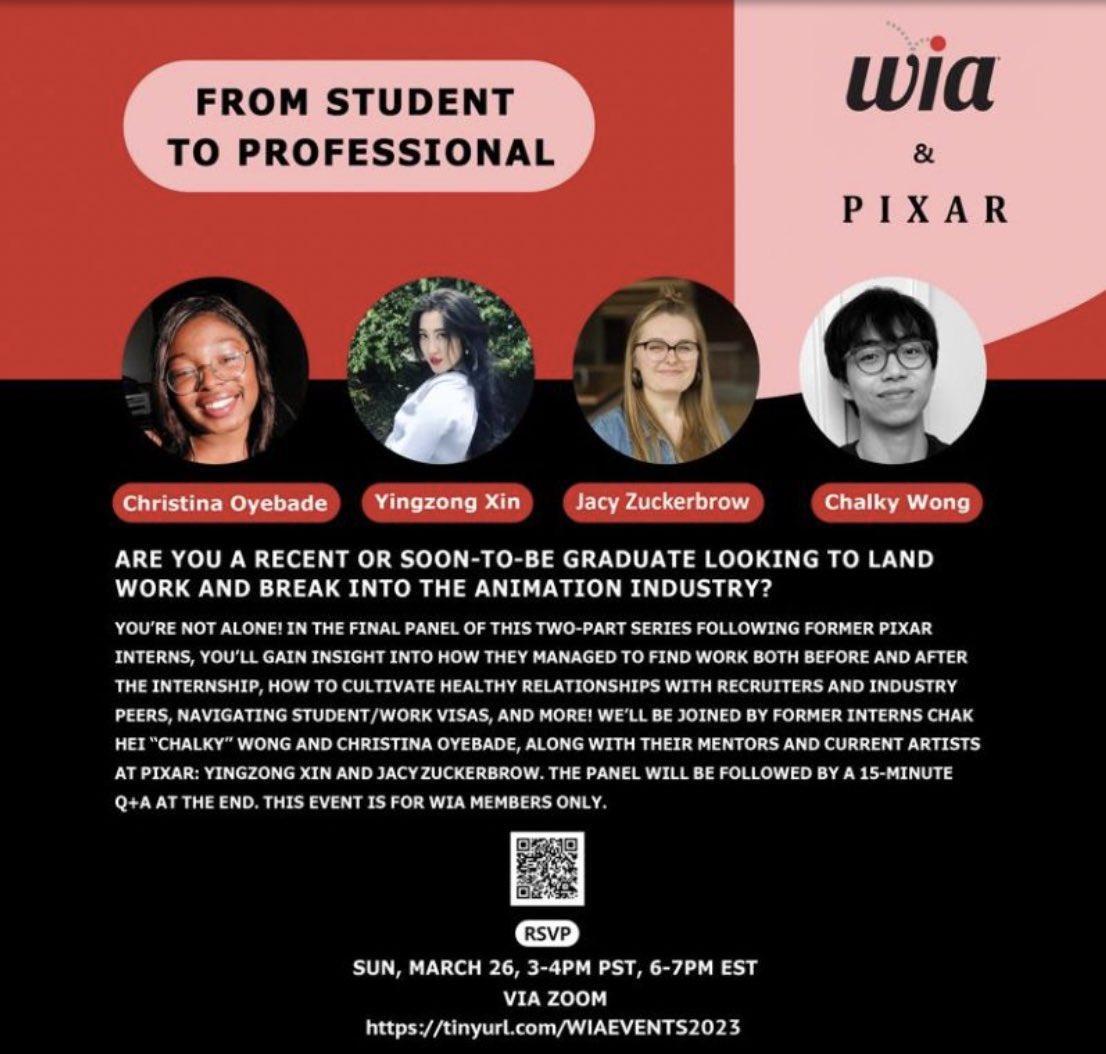 We have an awesome event coming up on Sunday! Join us for From Student To Professional this Sunday, March 26th. The event is for WIA members only, and will be recorded for members to watch later. If you're not a WIA member yet, you can sign up today on womeninanimation.org!