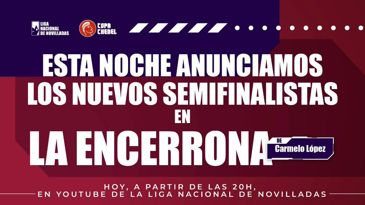 CopaChenel's tweet photo. Esta noche anunciamos 𝐥𝐨𝐬 2️⃣ 𝐬𝐞𝐦𝐢𝐟𝐢𝐧𝐚𝐥𝐢𝐬𝐭𝐚𝐬‼️

¡Los triunfadores de la Tercera y Cuarta Clasificatoria!

@JuandeCastilla conocerá en directo la decisión del jurado

📲 En la Encerrona de @carmelolopezm 

‼️Hoy desde el YouTube de la Liga Nacional de @novilladas https://t.co/cfZD8rKFJW