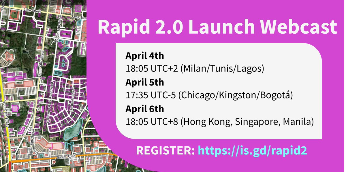 The new Rapid is coming! Sign up here to attend the webcast in April: eventbrite.com/e/rapid-20-lau… 

#gischat #eochat @youthmappers @LlamitasM @mapeoabierto_la @osmuganda @OSM_ID @openmapping_ap @UN_Mappers @MaptimeBogota @geoladiesph @sotmafrica @OSMKenya @OSMJapan @openmapping_esa