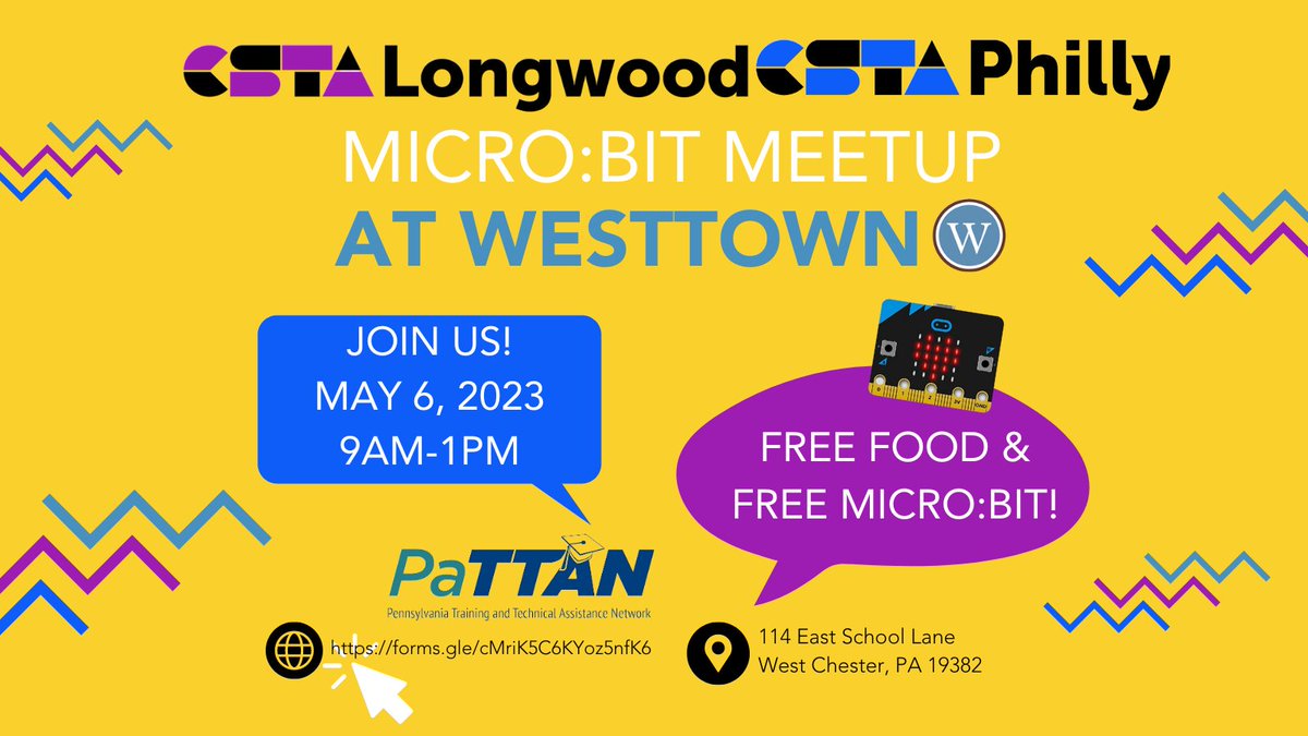 CSTAPhilly (@cstaphilly) on Twitter photo Local #STEMinPA #edtech #microbit Meetup on May 6th, 2023! Hosted by <a href="/CstaLongwood/">CSTA Longwood</a> & CSTA Philly with #microbitchampion @AmandaJeane2 at <a href="/WesttownSchool/">Westtown School</a> We’re providing free food & free micro:bit <a href="/pattanupdates/">PaTTAN</a> !
Register here: forms.gle/nJKotiC1J4dmw1… Local #STEMinPA #edtech #microbit Meetup on May 6th, 2023! Hosted by <a href="/CstaLongwood/">CSTA Longwood</a> & CSTA Philly with #microbitchampion @AmandaJeane2 at <a href="/WesttownSchool/">Westtown School</a> We’re providing free food & free micro:bit <a href="/pattanupdates/">PaTTAN</a> !
Register here: forms.gle/nJKotiC1J4dmw1…