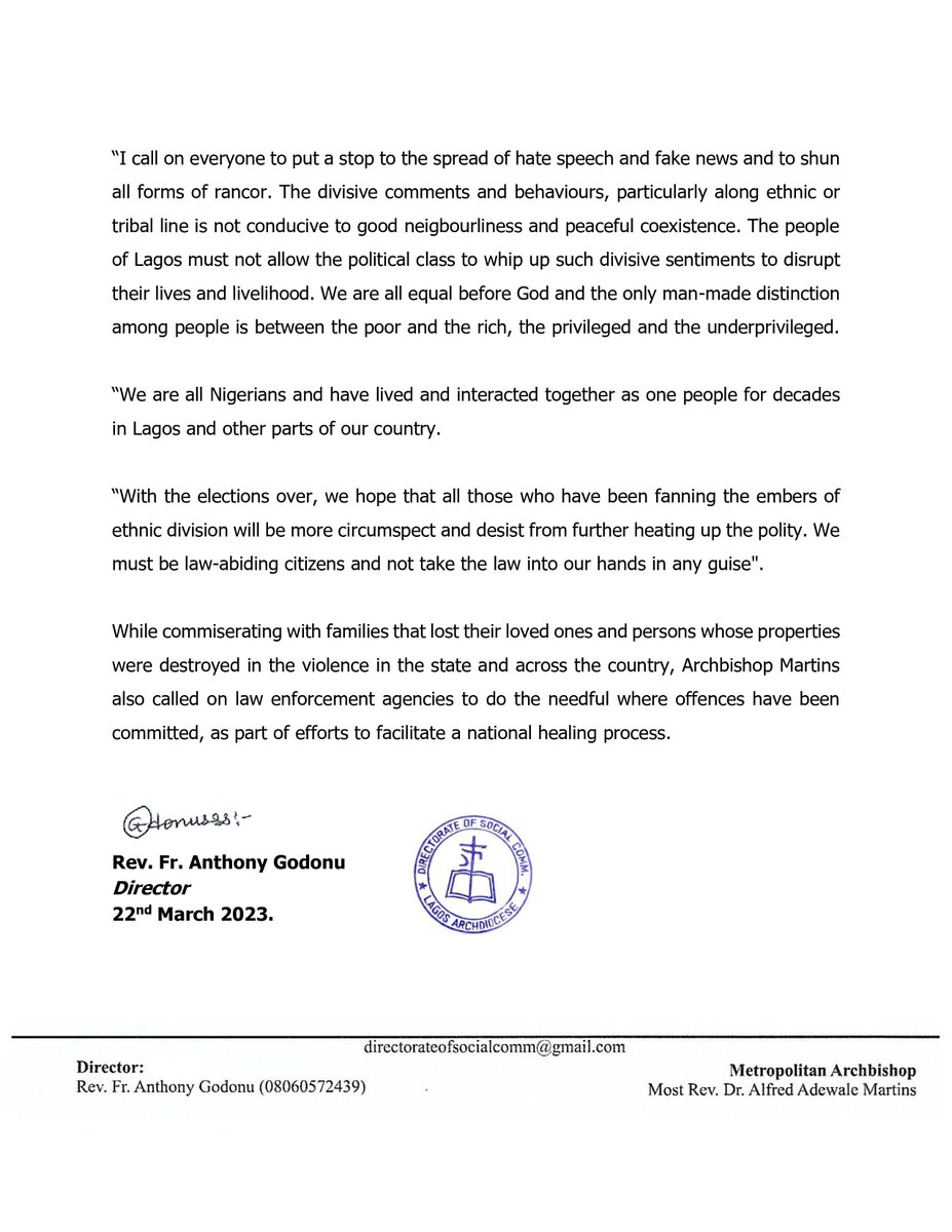 LectorsL's tweet image. Stop Ethnic Profiling Archbishop Adewale Martins Called On Lagosians 
@Lag_archdiocese 
@TrafficChiefNG 
@bishopmuheria 
@cyonadclagos 
@CSNAbuja 
@MobilePunch 
@THISDAYLIVE 
@Stdominicsyaba