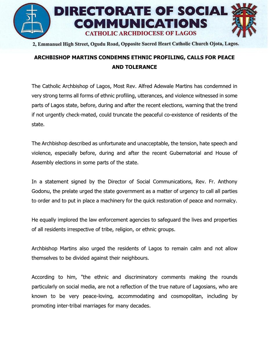 LectorsL's tweet image. Stop Ethnic Profiling Archbishop Adewale Martins Called On Lagosians 
@Lag_archdiocese 
@TrafficChiefNG 
@bishopmuheria 
@cyonadclagos 
@CSNAbuja 
@MobilePunch 
@THISDAYLIVE 
@Stdominicsyaba