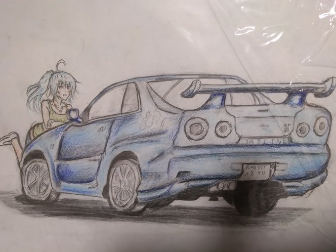 高校生の頃に描いたスカイラインWithシアちゃんと去年末に描いた手持ちのスカラインWithシアちゃん 