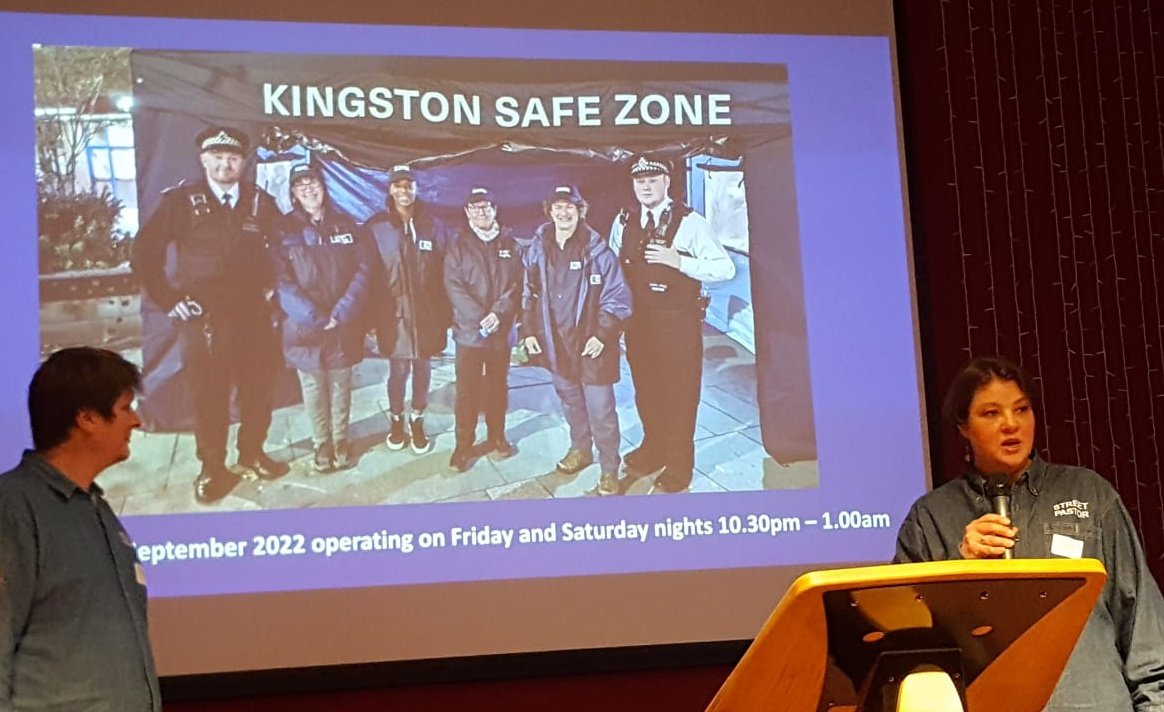 SPsKingston's tweet photo. Charlie and Brenda presenting today on Kingston Safe Zone at the South West London #SaferStreets . Great to be part of the work being done to prevent VAWG across Kingston, Richmond, Merton and Wandsworth https://t.co/TA8gFWIgKw