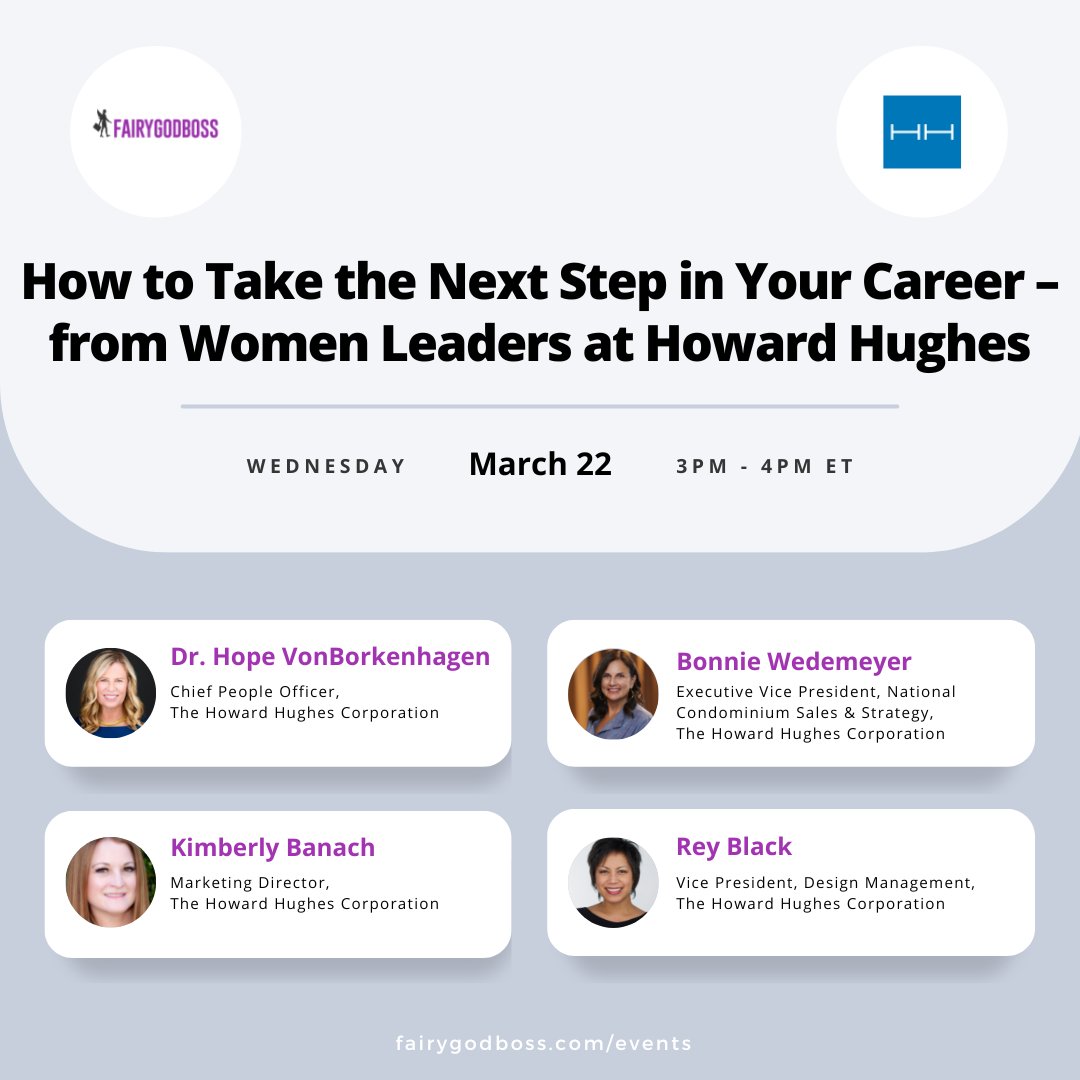 HowardHughesHQ's tweet photo. Tune in TODAY @ 2 PM CST to attend the @fairygodboss Webinar - We have 4 #HHC Leaders discussing their career journeys and offering some advice on how to identify your leadership style and how to take steps to become a leader.
RSVP Here ➡️ https://t.co/xO6yXp6xJb
#LifeAtHHC https://t.co/TlTk2rWKfh