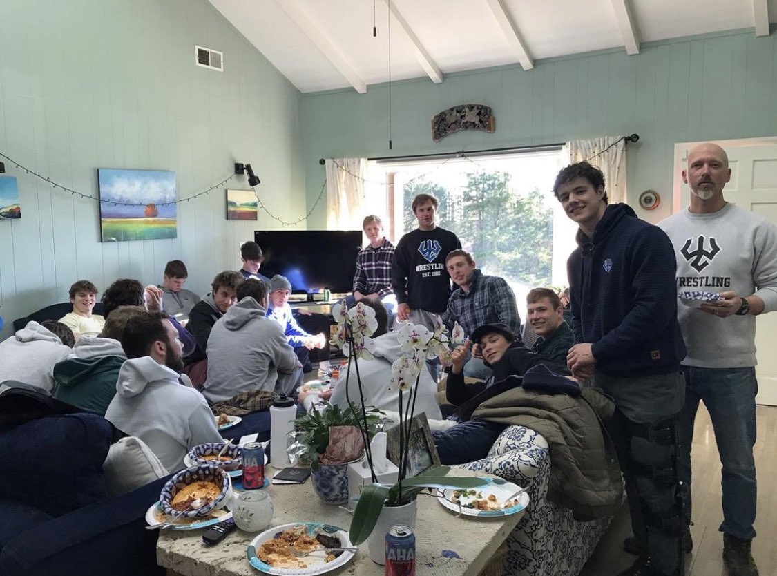 GeneralsWrestle's tweet photo. A wrestling season isn’t complete without a feast! A huge thank you to our faculty athletic mentor, professor of Biology Robert Humston, and his wife, professor of Earth &amp; Environmental Geoscience for hosting the team our annual end of season dinner. #TrueBlue #GoGenerals https://t.co/WW0e3gZuvF