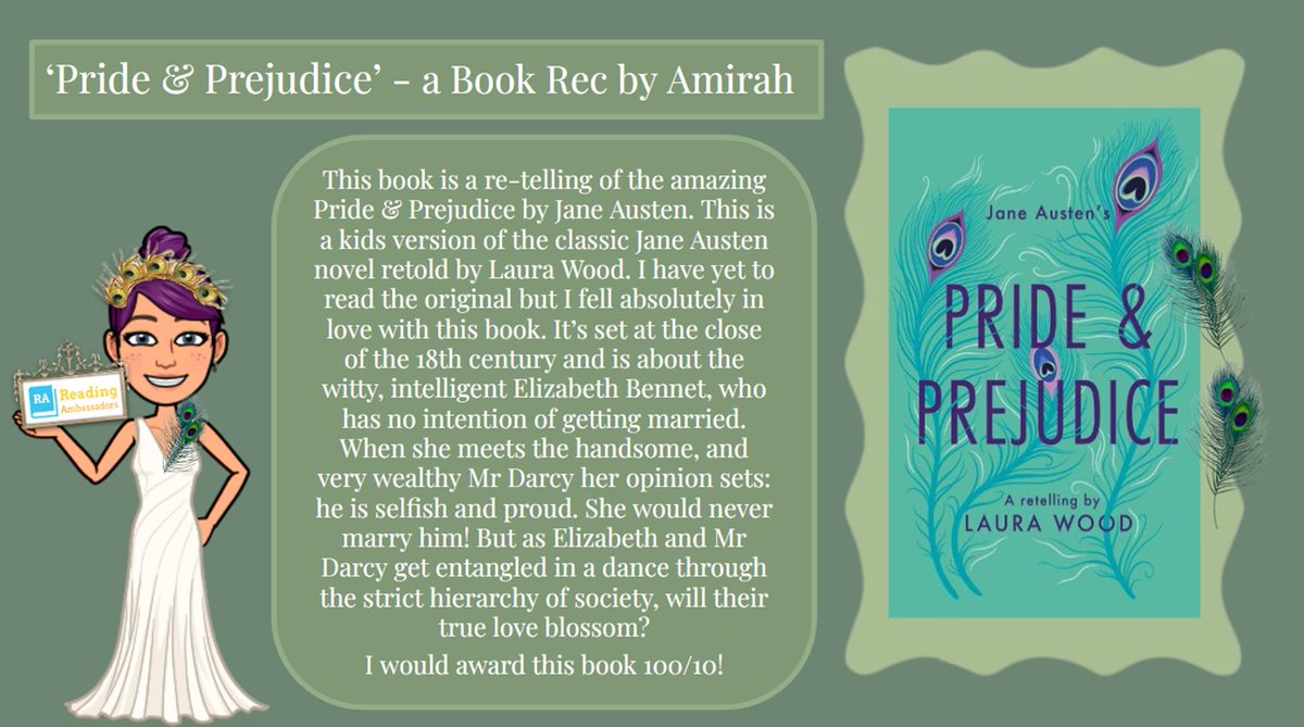 BrechinHighLib's tweet photo. ACHIEVEMENT -
Epic S2 Reading Ambassador, Amirah, created this amazing 'book rec' for #LauraWood's retelling of Jane Austen's Pride & Prejudice. Amirad π'd this dyslexia-friendly version from @BarringtonStoke, awarding it no less than 100/10!
#BrechinHighValues #ThisIsBrechin https://t.co/IO0MNCMXcK