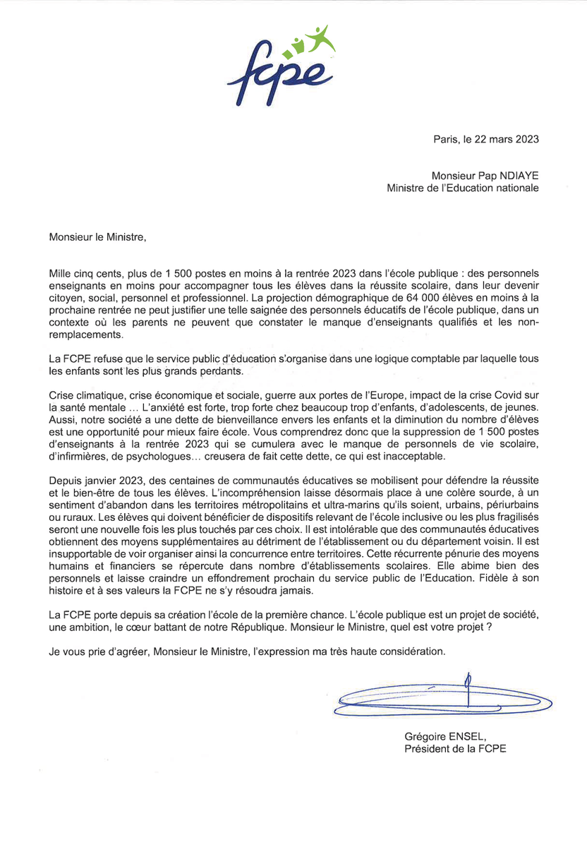 Alors qu'<a href="/EmmanuelMacron/">Emmanuel Macron</a> a indiqué que l’école était sa 3e priorité parmi "les progrès pour mieux vivre", la FCPE le prend au mot et interpelle <a href="/PapNdiaye/">Pap Ndiaye</a> dans une lettre ouverte. Le gouvernement doit faire marche arrière sur la suppression des 1500 postes prévus. #Macron13h