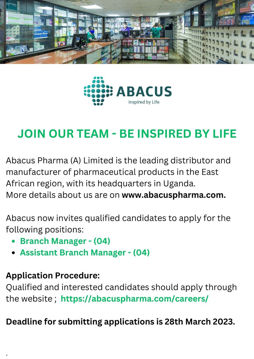 AbacusPharmaLtd's tweet photo. JOIN OUR TEAM - BE INSPIRED BY LIFE.
We are recruiting qualified candidates to fill the following positions;
1. Branch Managers.
2. Assistant Branch managers.
Click the link to apply : https://t.co/TXGcCwCtFM https://t.co/coHnfbDWBy