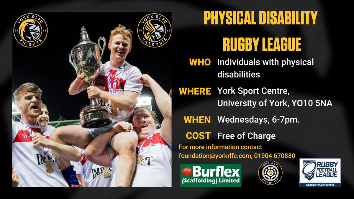 𝗣𝗵𝘆𝘀𝗶𝗰𝗮𝗹 𝗗𝗶𝘀𝗮𝗯𝗶𝗹𝗶𝘁𝘆 𝗥𝘂𝗴𝗯𝘆 𝗟𝗲𝗮𝗴𝘂𝗲

💥 Last week, we announced the return our <a href="/LDSuperLeague/">Learning Disability Super League</a> sessions, today we are proud to confirm we will be launching our own <a href="/PDRLEngland/">PDRL England</a> team!

🟢 Every Wed starting 26th April, 6-7pm 

🌐yorkrlfc.com/disabilityrugb… ⚔️