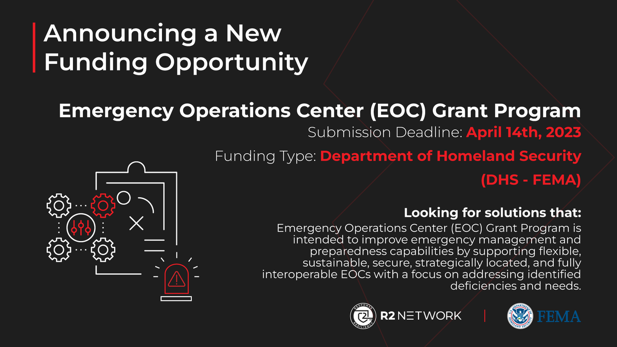 The Emergency Operations Center (EOC) Grant Program from <a href="/fema/">FEMA</a> is intended to improve emergency management and preparedness capabilities. 

Applications for this funding opportunity are due April 14th. 

Learn more on the R2 Portal: 
portal.r2network.com/program/emerge…
