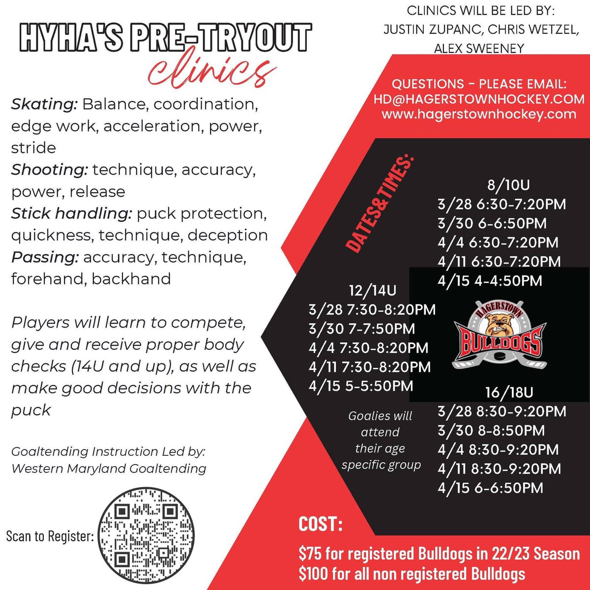 Less than a week away from the start of HYHA's pre-tryout clinics. You must register in advance, no drop-ins.

To register go here:  hagerstownhockey.sportngin.com/reg.../form/41…