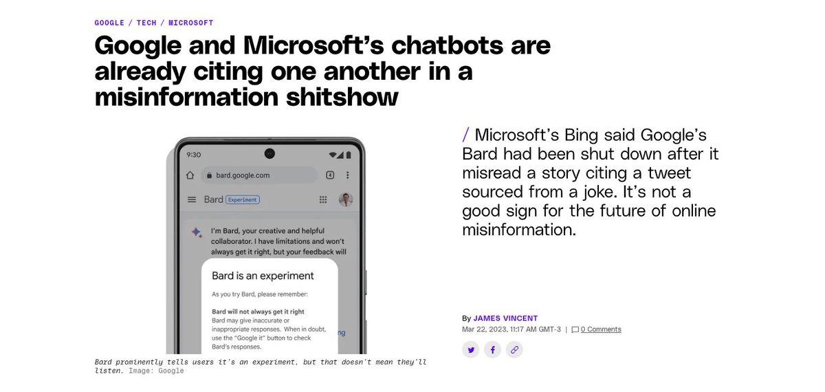 manuchat's tweet photo. Esto es un problema (muchos le piden cosas a la IA como si fuera un buscador) / Google and Microsoft’s chatbots are already citing one another in a misinformation shitshow https://t.co/au8fsu6Fbu a través de @Verge https://t.co/UWyQcosj35