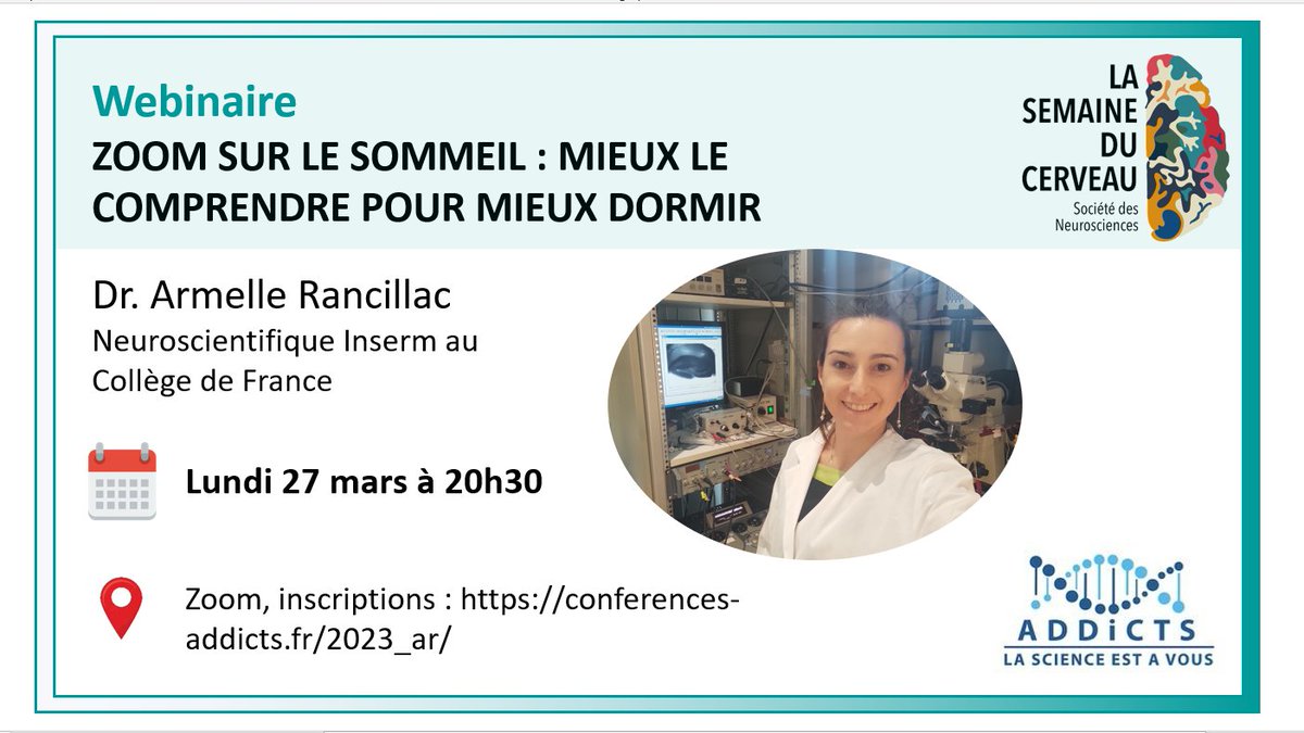 Semaine du Cerveau - Paris 🧠 (@semainecerveau) on Twitter photo Pour jouer les prolongations, la semaine du cerveau #SdC2023 vous propose, en partenariat avec ADDiCTS, un webinaire sur le #sommeil : mieux le comprendre pour mieux #dormir
Inscriptions :
👉conferences-addicts.fr/2023_ar/
<a href="/INSV_Sommeil/">INSV</a> <a href="/psl_univ/">Université PSL</a> <a href="/CirbCdf/">CIRB_CdF</a> <a href="/ReseauMorphee/">Réseau Morphée</a> <a href="/SocNeuro_Tweets/">Société des Neurosciences</a> Pour jouer les prolongations, la semaine du cerveau #SdC2023 vous propose, en partenariat avec ADDiCTS, un webinaire sur le #sommeil : mieux le comprendre pour mieux #dormir
Inscriptions :
👉conferences-addicts.fr/2023_ar/
<a href="/INSV_Sommeil/">INSV</a> <a href="/psl_univ/">Université PSL</a> <a href="/CirbCdf/">CIRB_CdF</a> <a href="/ReseauMorphee/">Réseau Morphée</a> <a href="/SocNeuro_Tweets/">Société des Neurosciences</a>