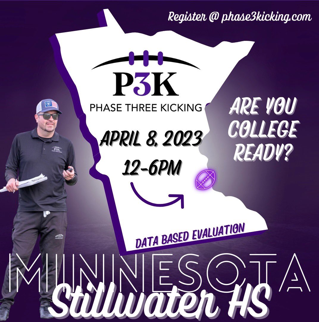 Phase3Kicking's tweet photo. First spring camp of the season!  Lock in your spot.  See if you are college ready, but most importantly, come and compete so we can see your off season work.  Camp results will be sent to college coaches.  April 8 at Stillwater HS (MN). Register at https://t.co/ujj1G2Eqqd or visit https://t.co/Xqr8zN7c89

#CompleteToBeElite 🟣⚪️