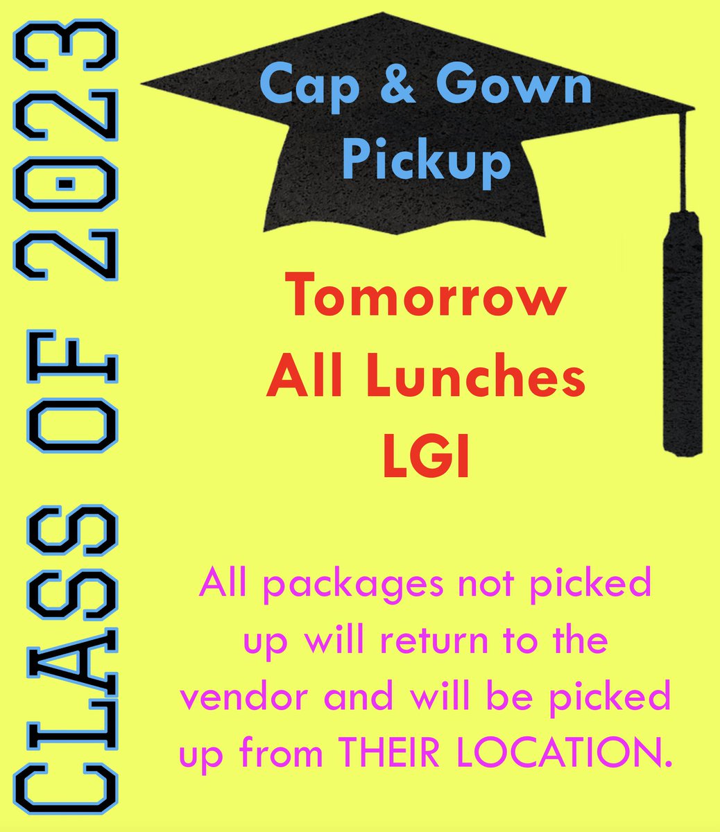 CLASS OF 2023:  Pick up your cap and gown orders tomorrow, March 23 in the LGI during all lunches.  All orders not picked up will return to the vendor and must be picked up from their location. <a href="/NISDHarlan/">Harlan High School</a> <a href="/HarlanHawks23/">Harlan Class of 2023</a> <a href="/HarlanPtsa/">Harlan PTSA</a>