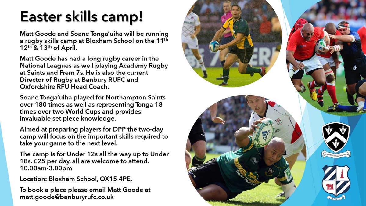BanburyRUFC's tweet photo. Not long now until our Easter rugby camps. We’re running two camps, one at Banbury RUFC and one a week later at Bloxham School. Get signed up today! https://t.co/Xwj2g7cikW