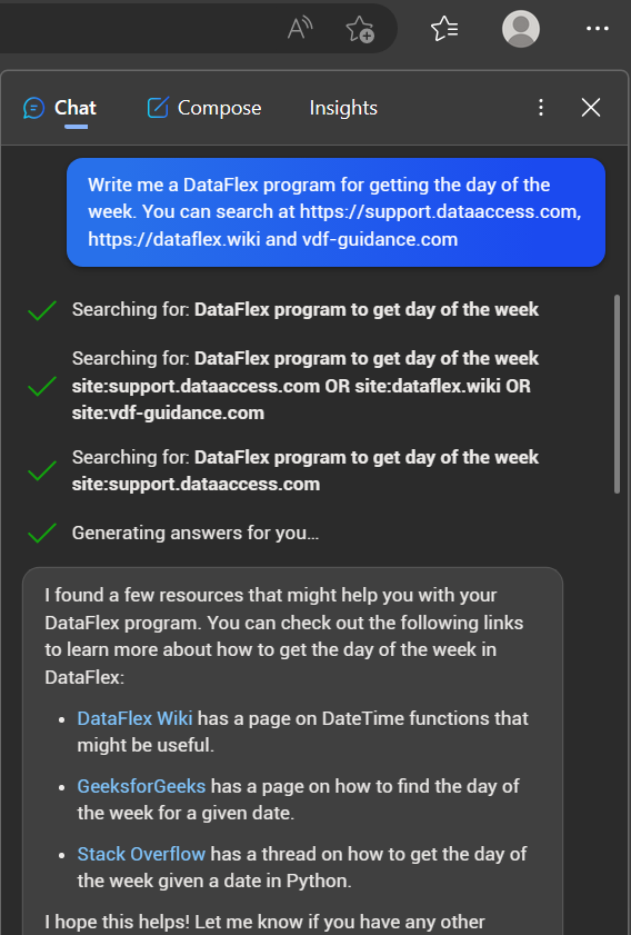vdfguidance's tweet photo. AI, everyone talks about it. So let's play with Bing Chat a bit. It starts out pretty well ... then it starts making up things by drawing parallels elsewhere.. Also changing syntax in the next answer of the same session by a question it suggested itself. 
Chef's kiss 😂👌 https://t.co/cOYL1DlciT