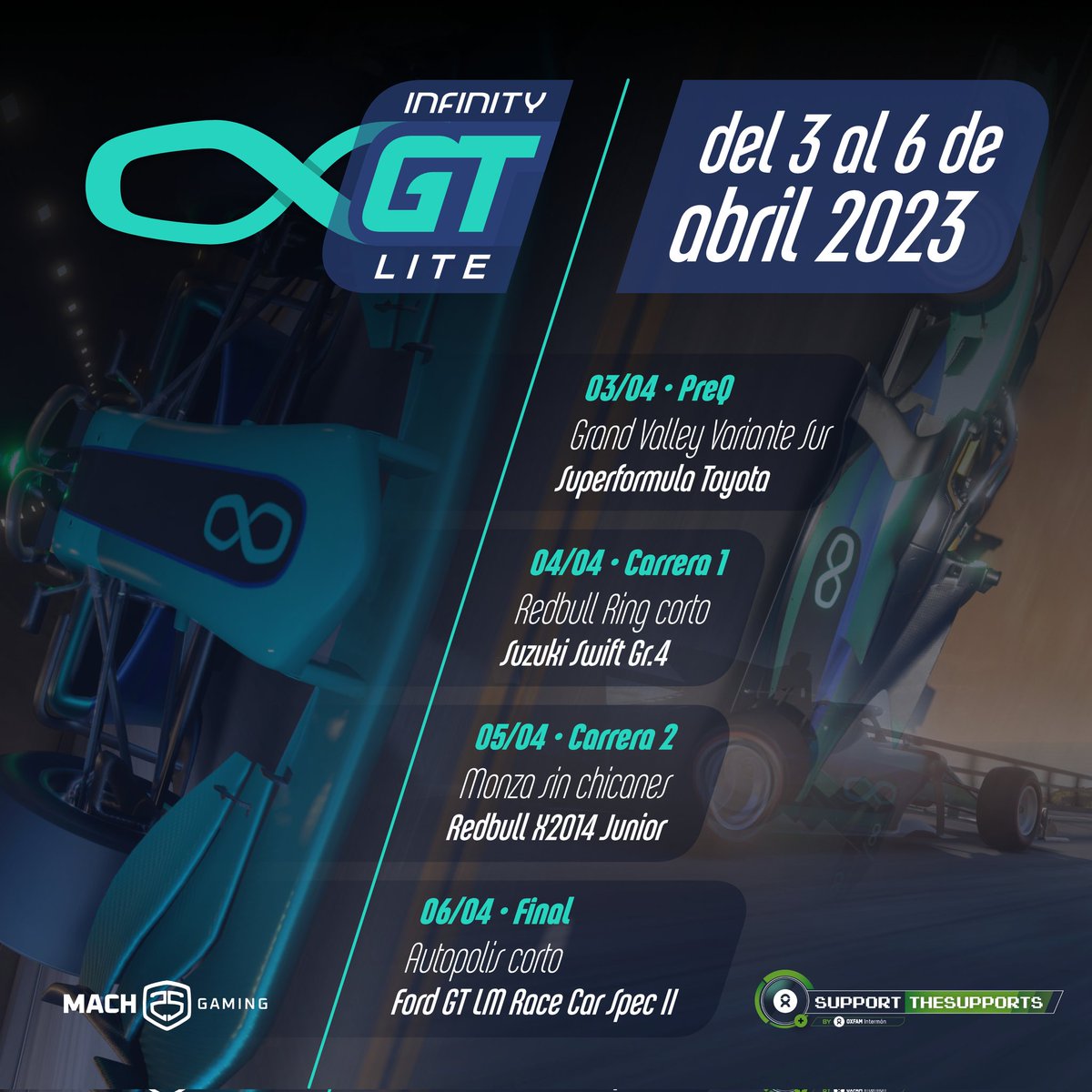 🏁 | #IGTLite

Del 3 al 6 de abril tendrá lugar el campeonato Infinity GT Lite organizado por <a href="/Mach25Gaming/">Mach25 Gaming</a>.

🔸Normativa / Regulation
🇪🇦 n9.cl/ykois
🇬🇧 n9.cl/h2jsl

🔸 Inscripciones / Registration
forms.gle/YQvkm5qXsf7dze…

🔸Discord
discord.gg/v35WZQcr54