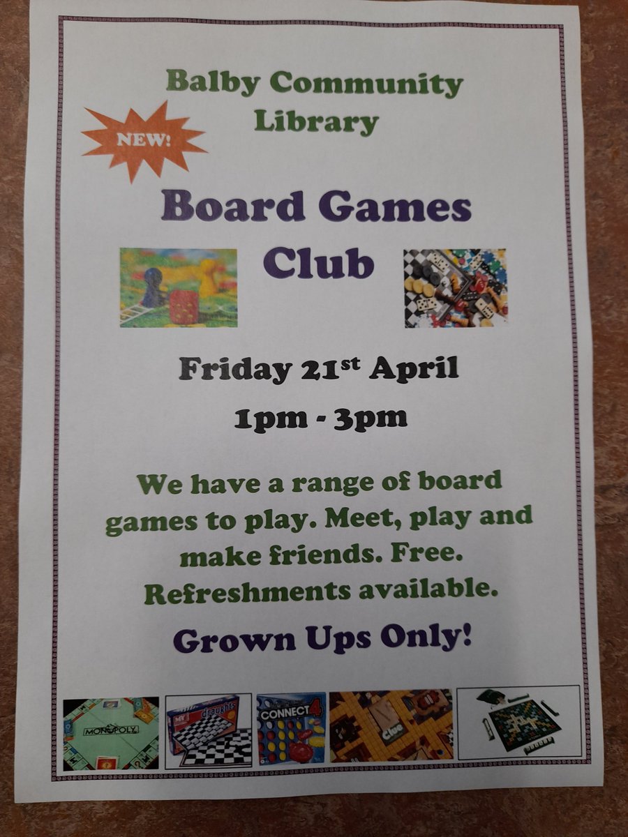 Balby_Library's tweet photo. We are getting very excited about our new Board Games Club!
The fun starts 21st April! #welcomespaces https://t.co/RexkYl1Xei