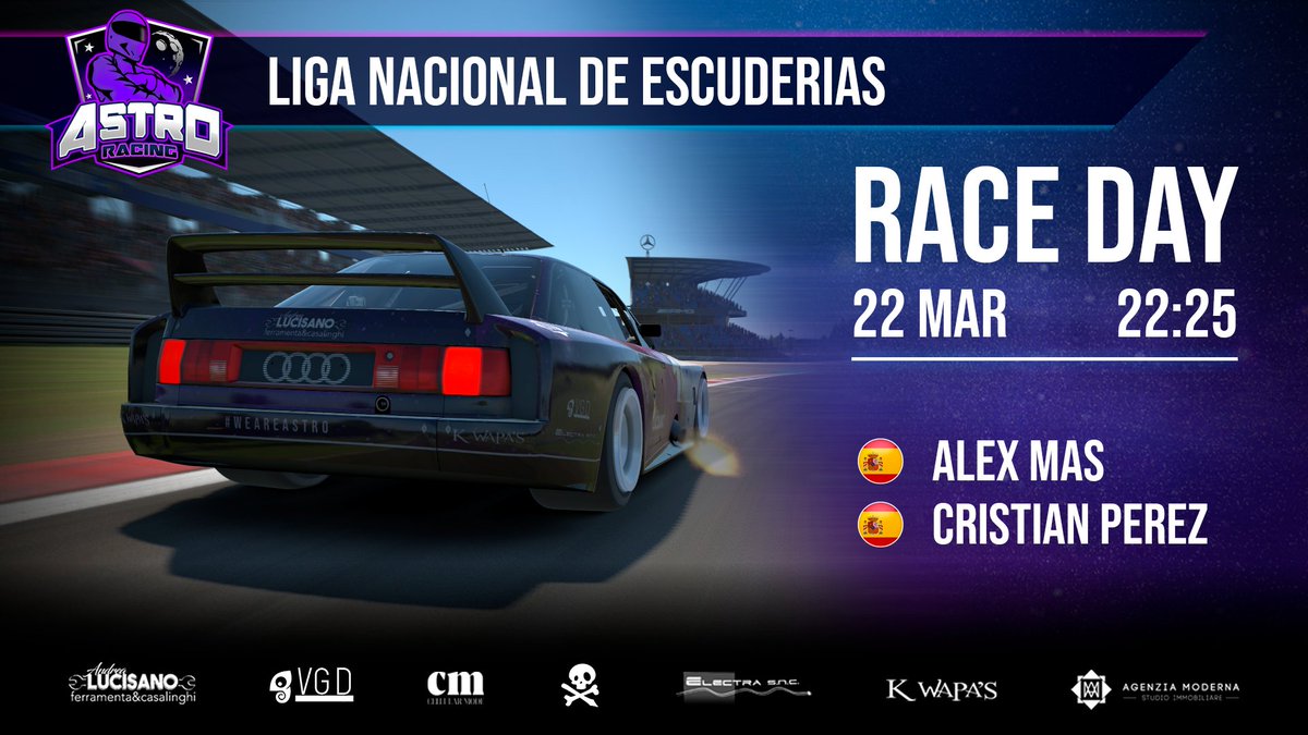 Astro Racing (@astro_racing) on Twitter photo ¡DÍA DE CARRERAS! 🏁
¡Día de carreras en <a href="/lecesports/">LEC Esports</a>! Hoy vamos al mítico Nürburgring con el brutal Audi GTO 🔥
📌 Nürburgring , 🇩🇪
👥 <a href="/Alex14SR/">Alex14SR</a> <a href="/CristianPz89/">Cristian Pérez</a>
⏰ 22:25H 🇪🇦 | 18:25H 🇦🇷/ 🇨🇱 | 16:25🇨🇴 | 15:25H 🇲🇽
📺 twitch.tv/lecesports
#WeAreAstro 👽 ¡DÍA DE CARRERAS! 🏁
¡Día de carreras en <a href="/lecesports/">LEC Esports</a>! Hoy vamos al mítico Nürburgring con el brutal Audi GTO 🔥
📌 Nürburgring , 🇩🇪
👥 <a href="/Alex14SR/">Alex14SR</a> <a href="/CristianPz89/">Cristian Pérez</a>
⏰ 22:25H 🇪🇦 | 18:25H 🇦🇷/ 🇨🇱 | 16:25🇨🇴 | 15:25H 🇲🇽
📺 twitch.tv/lecesports
#WeAreAstro 👽