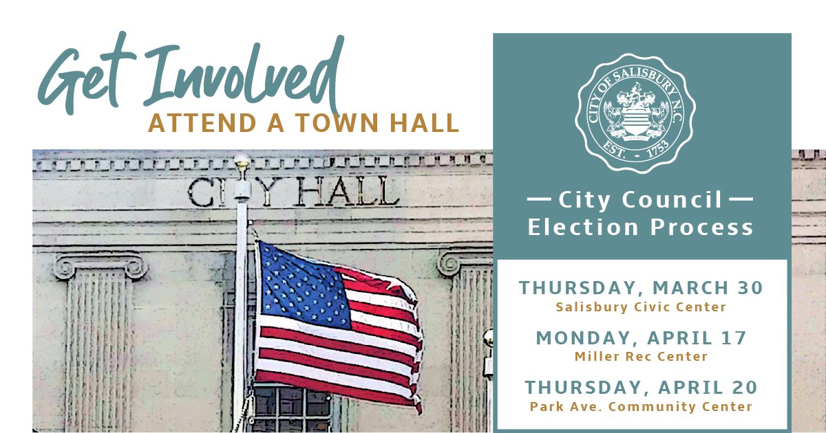CitySalisburyNC's tweet photo. Share your input on the City of Salisbury’s election process with City Council during the Community Town Hall Meeting 
📅 Thurs., March 30, 6 p.m., Salisbury Civic Center, 315 S. Martin Luther King, Jr. Ave.

For more info. and a list of meetings visit: https://t.co/stqZSRgpRM. https://t.co/JZMNR5TWUt