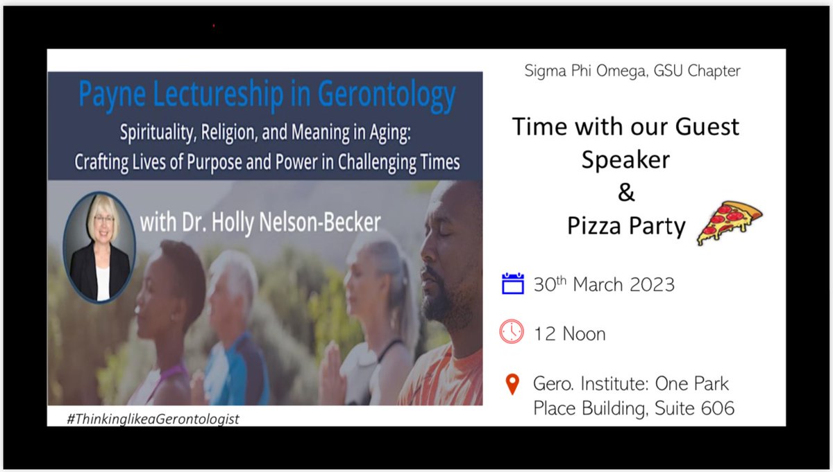 GSUGerontology's tweet photo. Attention all students! Come out to informally meet with the 2023 Payne Lecturer - Dr. Holly Nelson-Becker and enjoy a pizza lunch. This is a great opportunity to network and talk about Careers in Aging during Careers in Aging Week. https://t.co/MEUjHfFScf