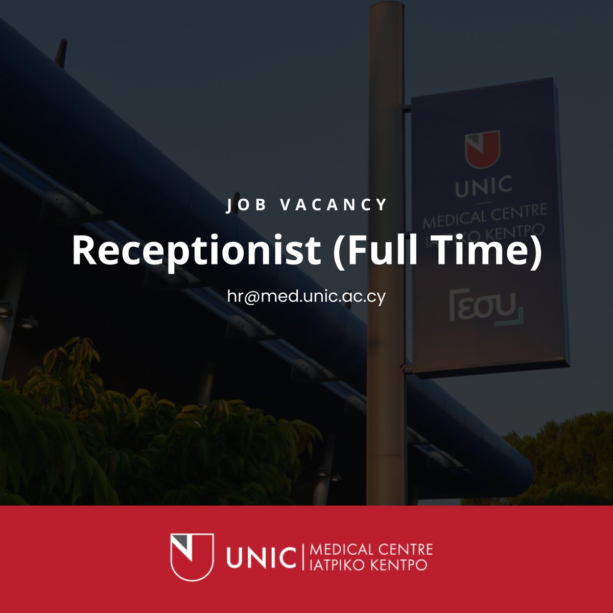 UNICHealth's tweet photo. #JonVacancy We are seeking a well-qualified and motivated professional to support the Reception of the University of Nicosia Medical Centre as a full-time Receptionist.
ℹ️ More information here: https://t.co/i8CVRL0Keg https://t.co/9RV0CNJsWa