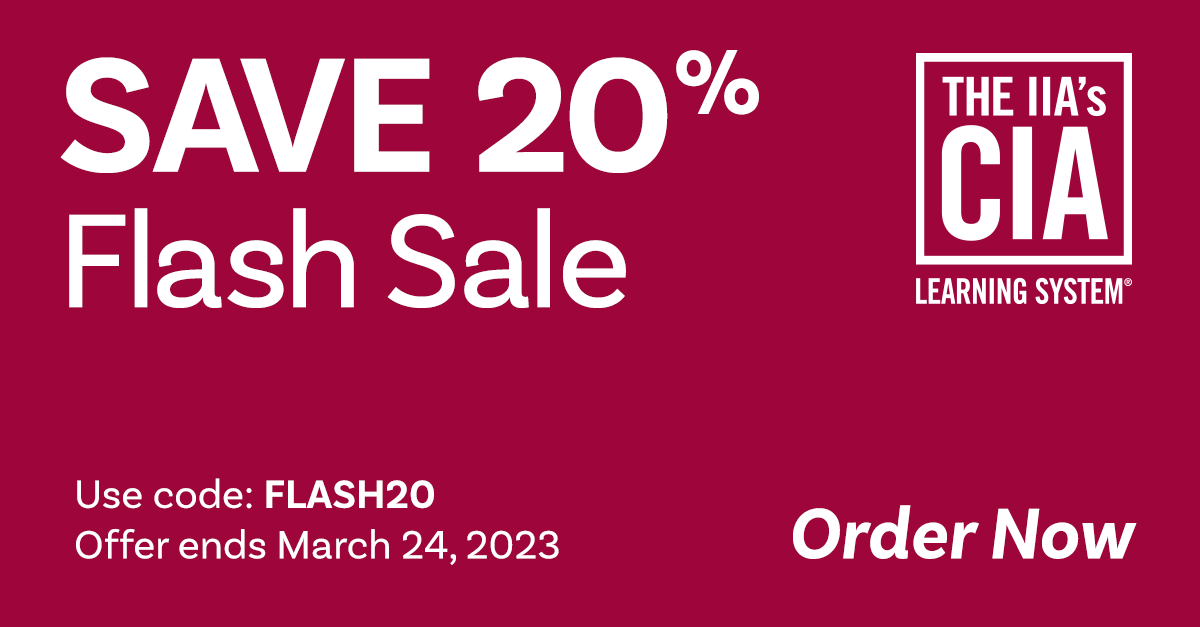 learncia's tweet photo. 20% Flash Sale Ends Friday! Get complete, personalized #CIAexam prep with #TheIIA #CIALearningSystem. Order by March 24 with code FLASH20.
https://t.co/jcGhqeX7G8 #InternalAudit #CertifiedInternalAuditor https://t.co/74NadVNQ28