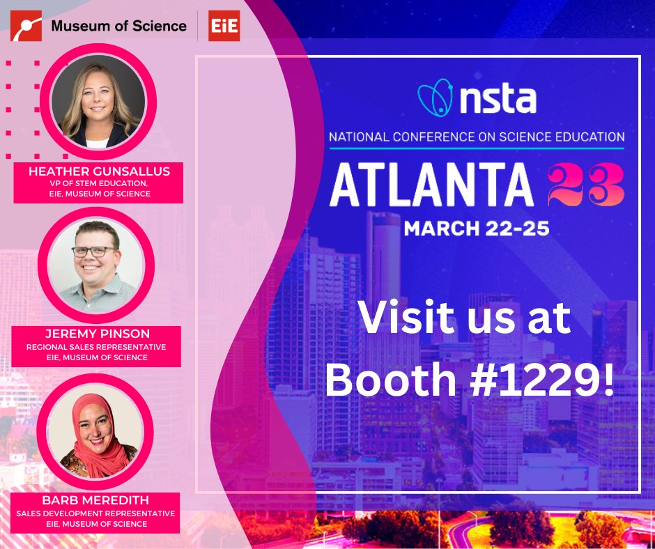 yesatmos's tweet photo. We're at the #NSTAConference in Atlanta! Be sure to stop by booth #1229 or attend one of our sessions to learn how EiE can support your school or district's #STEMlearning needs. We can't wait to connect and share our passion for #STEMeducation! #NSTA2023 #EiEatNSTA https://t.co/YALvYtIdGR