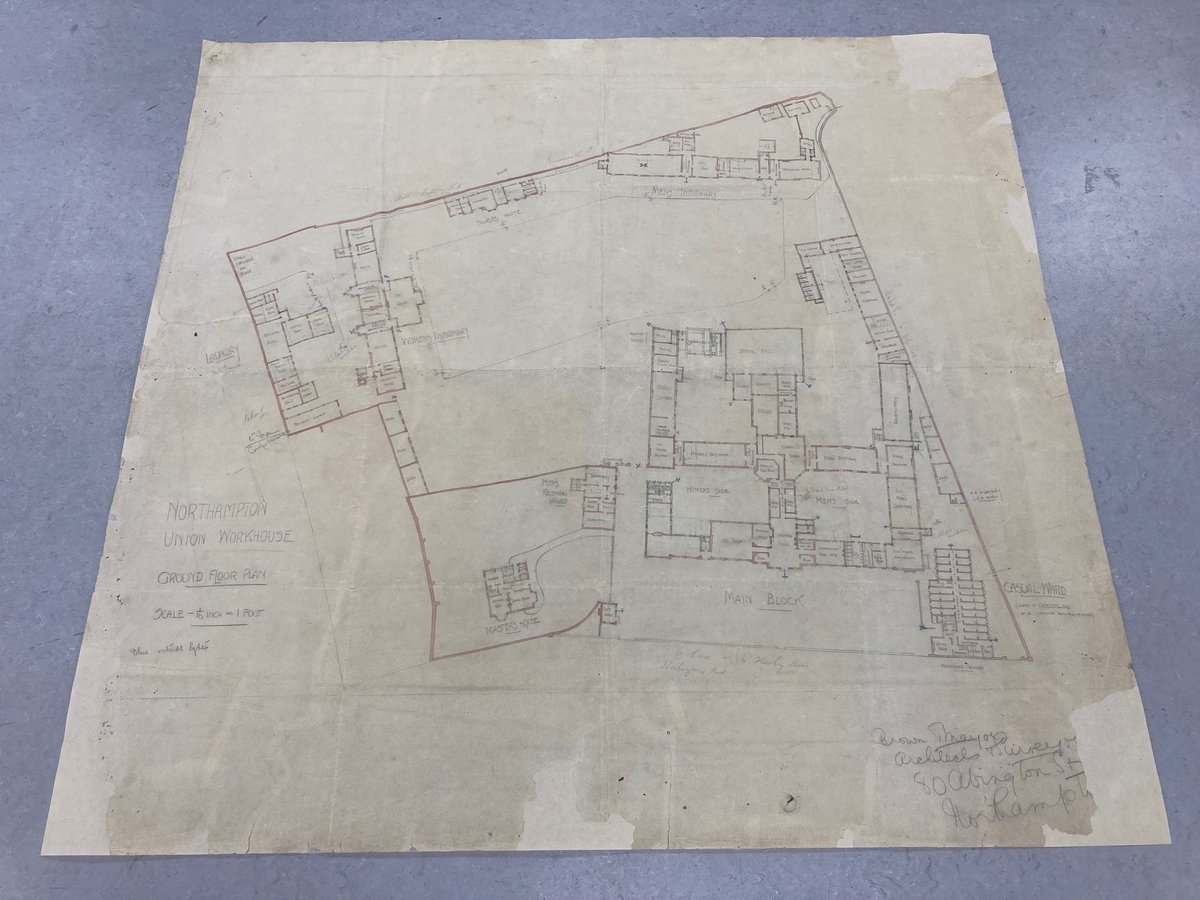 NorthantsPast's tweet image. After several years without a conservator, in January we welcomed Liz Yamada to the team. Great to see documents receiving some much needed TLC. This important Northampton Workhouse plan had multiple problems: dirt, tears, old repairs, glue deposits and missing areas.