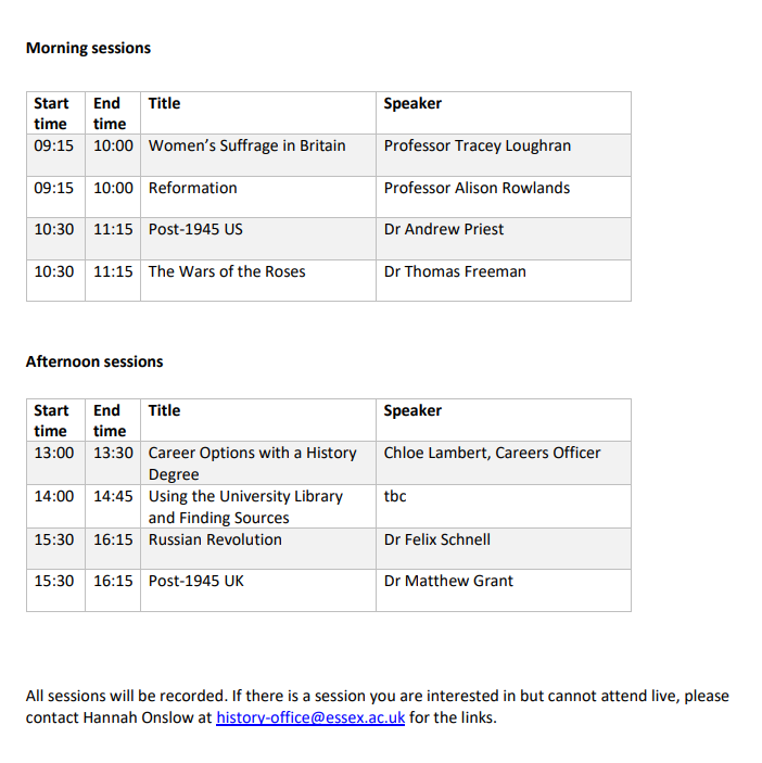essexhistory's tweet photo. On Monday 24 April we are hosting a virtual schools day aimed at current A Level students. We will have a  range of Zoom talks from academics as well as skills sessions for life at and after uni.

Email Hannah (history-office@essex.ac.uk) for more information and to sign up! https://t.co/8wBdtjSCDf