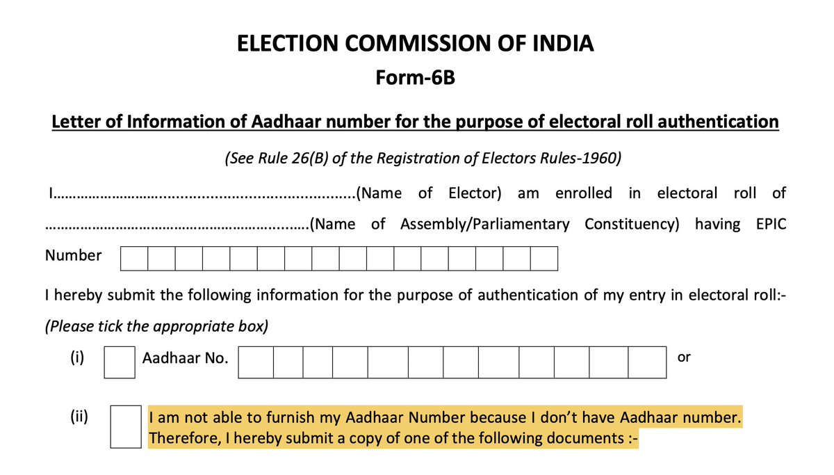 .<a href="/ECISVEEP/">Election Commission of India</a> has clarified that linking Aadhaar &amp; Voter ID is voluntary. It is unclear why a notified timeline for a voluntary exercise exists. Form 6B already undermines its voluntary nature as it appears to limit the option to those without Aadhaar.

x.com/internetfreedo…
