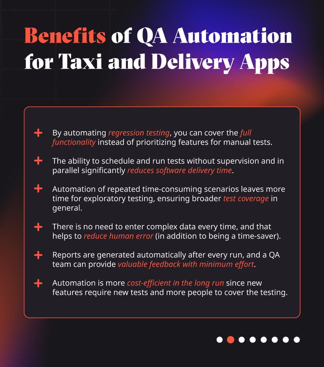 QAMadness's tweet image. Don&apos;t miss out on the chance to optimize your platform and gain a competitive edge in the market. 🌟

Open the cards below to explore the benefits and common cases of #QAautomation implementation for taxi &amp;amp; delivery apps! 

#qamadness #softwaretesting #qa #logistics