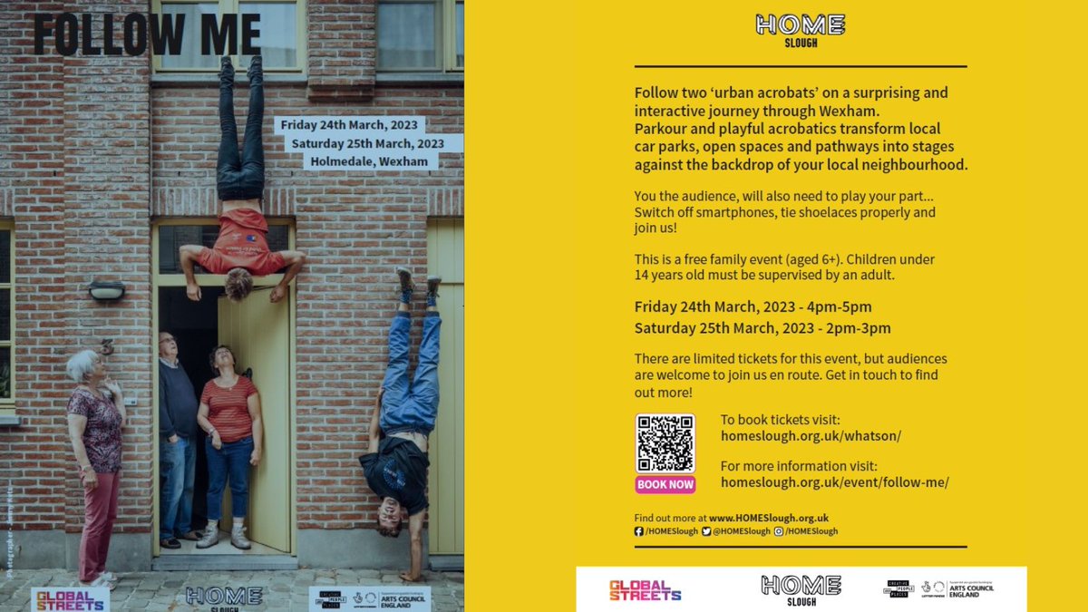 HOMESlough's tweet photo. We can't wait for Slough to #FollowMe
 Follow two "urban acrobats" on a surprising and interacive journey through Wexham on 24 and 25 March. Free family event but tickets are limited so grab them today! https://t.co/2cKiJ9fNga https://t.co/8ohP40KBVa