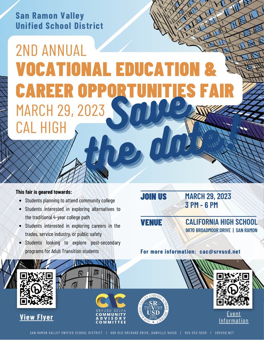 Wednesday, March 29th is the 2nd Annual SRVUSD Vocational Education and Career Opportunities Fair! It will take place from 3:00-6:00 p.m. at Cal High. All are welcome! #SuccessReimagined #Careers #Opportunities #SRVUSDisthePlaceToBe
