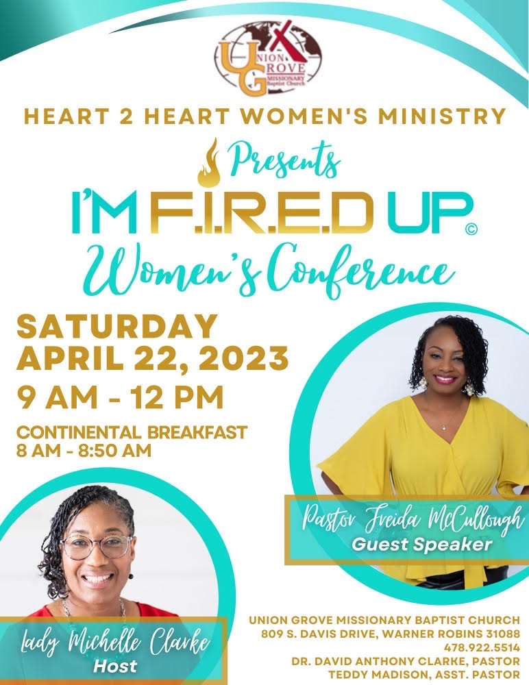 TheGroveZone's tweet photo. Saturday, April 22 at 9 am to 12 pm, is our ladies only "I'm Fired Up" Women's Conference. A continental breakfast will be served from 8-8:50 am.  Come be empowered by our speaker, Co-Pastor Freida McCullough of Word in Season Ministries.  Looking forward to seeing you! #gtah https://t.co/Id5g1BuV9g