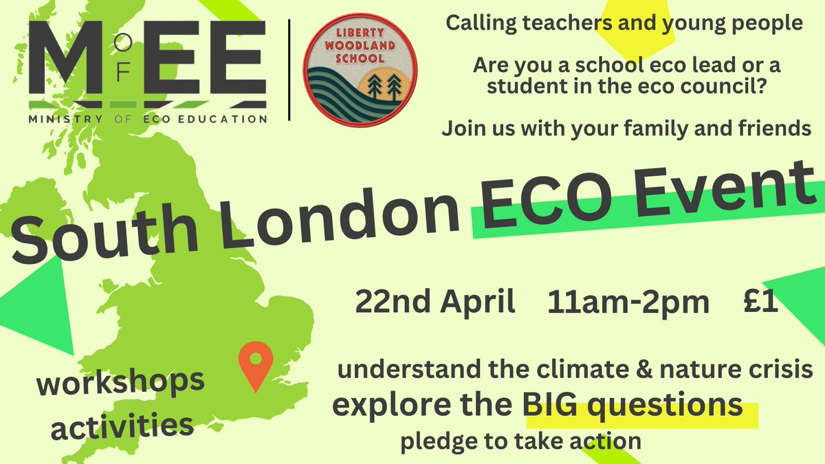 We've teamed up with @LWoodlandSchool to bring together teachers, young people and families

for the South London Eco Event

📍Liberty Woodland School
🗓️22nd April
⏲️11am-2pm

🪧 Sign up here libertywoodlandschool.com/payments/sof-k…

£1 proceeds to @WildLondon