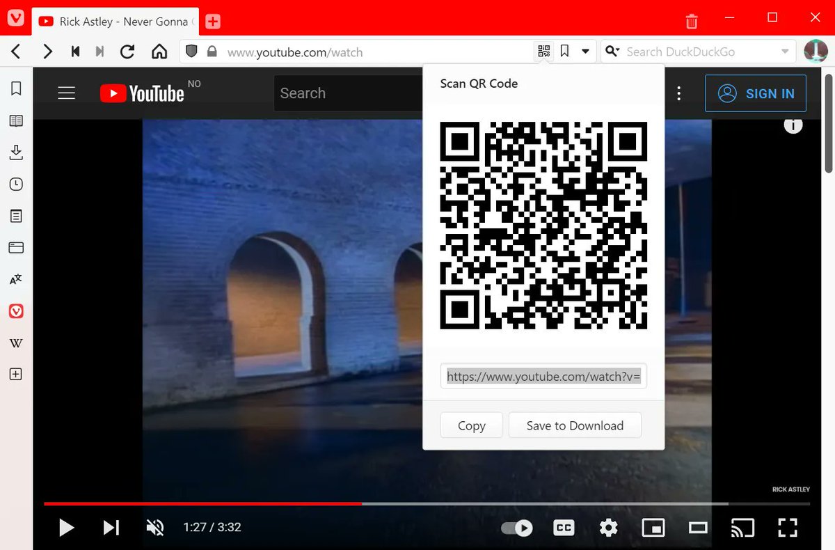 vivaldibrowser's tweet photo. The Vivaldi Browser's #QRCode generator let's you quickly and easily share URLs across devices.

With it enabled in your Address bar settings, just click the QR symbol in the addressbar on #Desktop, or in the Share menu on #Android. https://t.co/ASpAOSasMT
