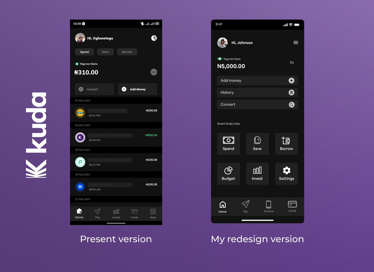 horodeglobal's tweet photo. For the love I have for using @joinkuda I made a redesign of the user homepage.
The fact that transactions history shows immediately one log into one's app, is something many a user might not like it. So I made some changes!
I will like to get your reviews
#UIUX
#EmperorTdesign https://t.co/wwpzDOpgOr