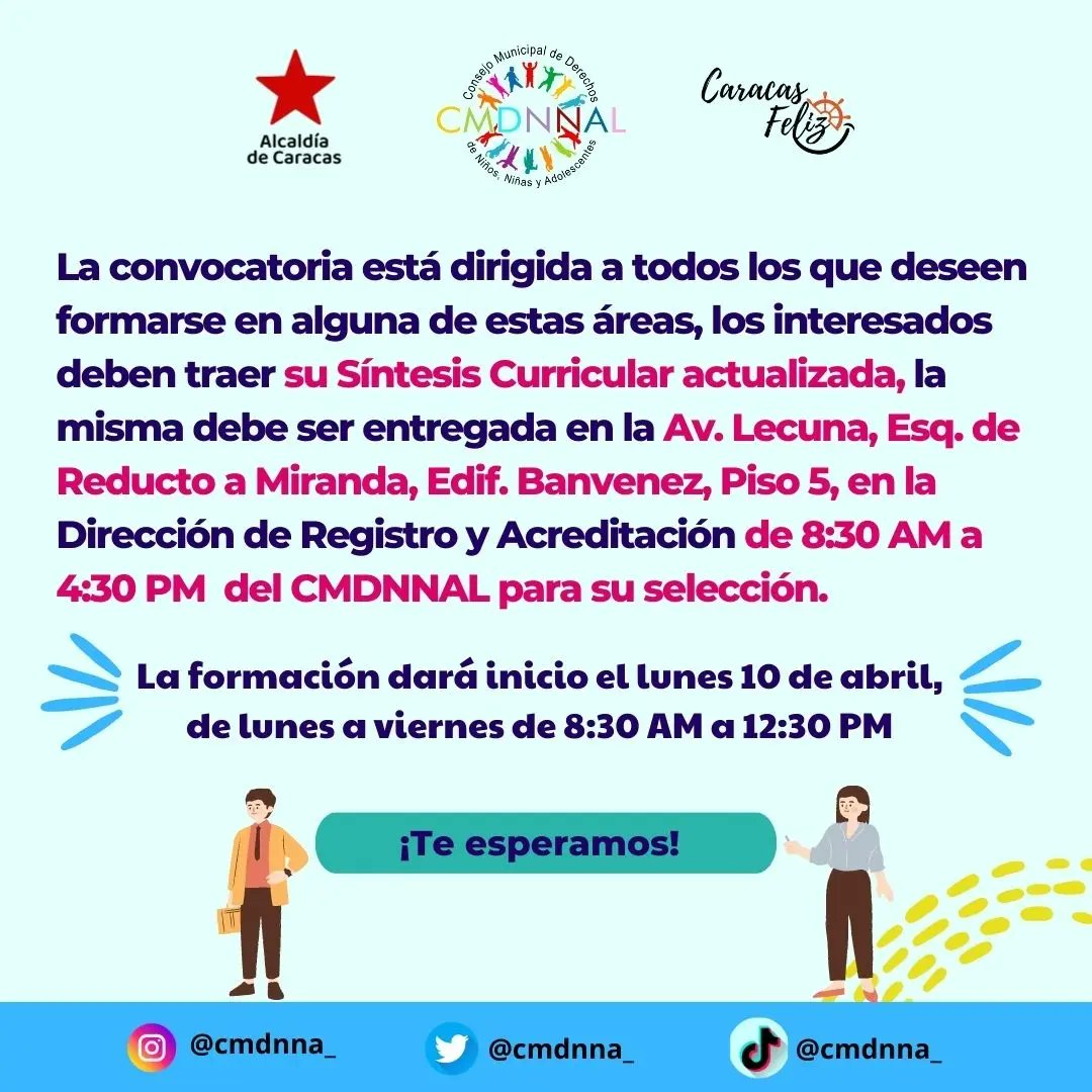 cmdnna_'s tweet photo. Desde el 21 hasta el 31 de Marzo. Estaremos recibiendo la síntesis Curricular a los nuevos postulantes d Defensores NNA y a Facilitadores d crianza amorosa. En el piso 5 del edf. Banvenez en la Av. Lecuna, Esquina de Reductor a Miranda. Desde las 08:30 AM hasta las 04:30pm. https://t.co/TjUVVJkbuW