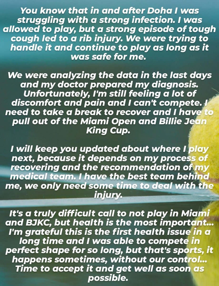 iga_swiatek's tweet photo. 🎾 It was a very difficult decision to make but I have no doubts that health is the most important. ⤵️

🎾 To była naprawdę bardzo trudna decyzja, ale nie mam wątpliwości, że zdrowie jest absolutnie najważniejsze. ⤵️ https://t.co/HjBqrANmy0