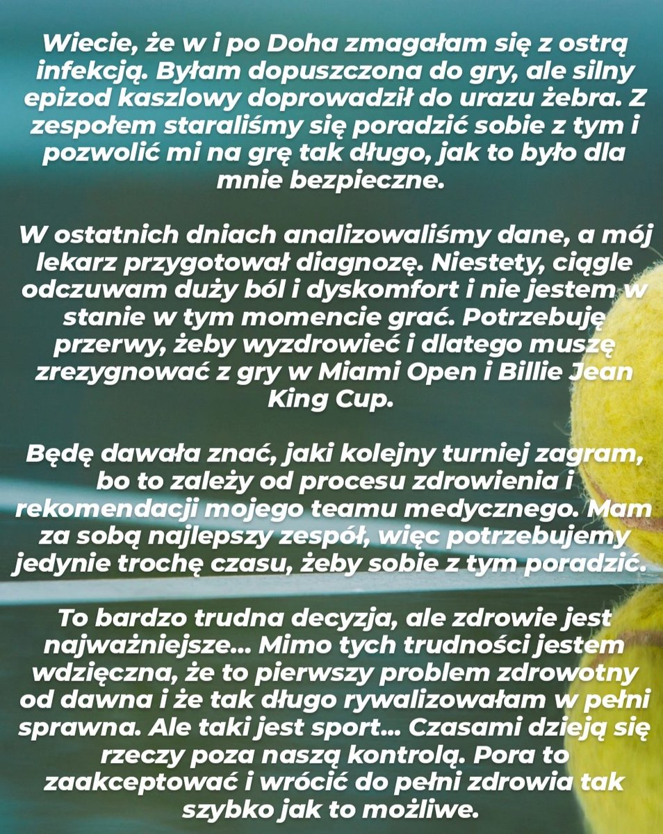 iga_swiatek's tweet photo. 🎾 It was a very difficult decision to make but I have no doubts that health is the most important. ⤵️

🎾 To była naprawdę bardzo trudna decyzja, ale nie mam wątpliwości, że zdrowie jest absolutnie najważniejsze. ⤵️ https://t.co/HjBqrANmy0