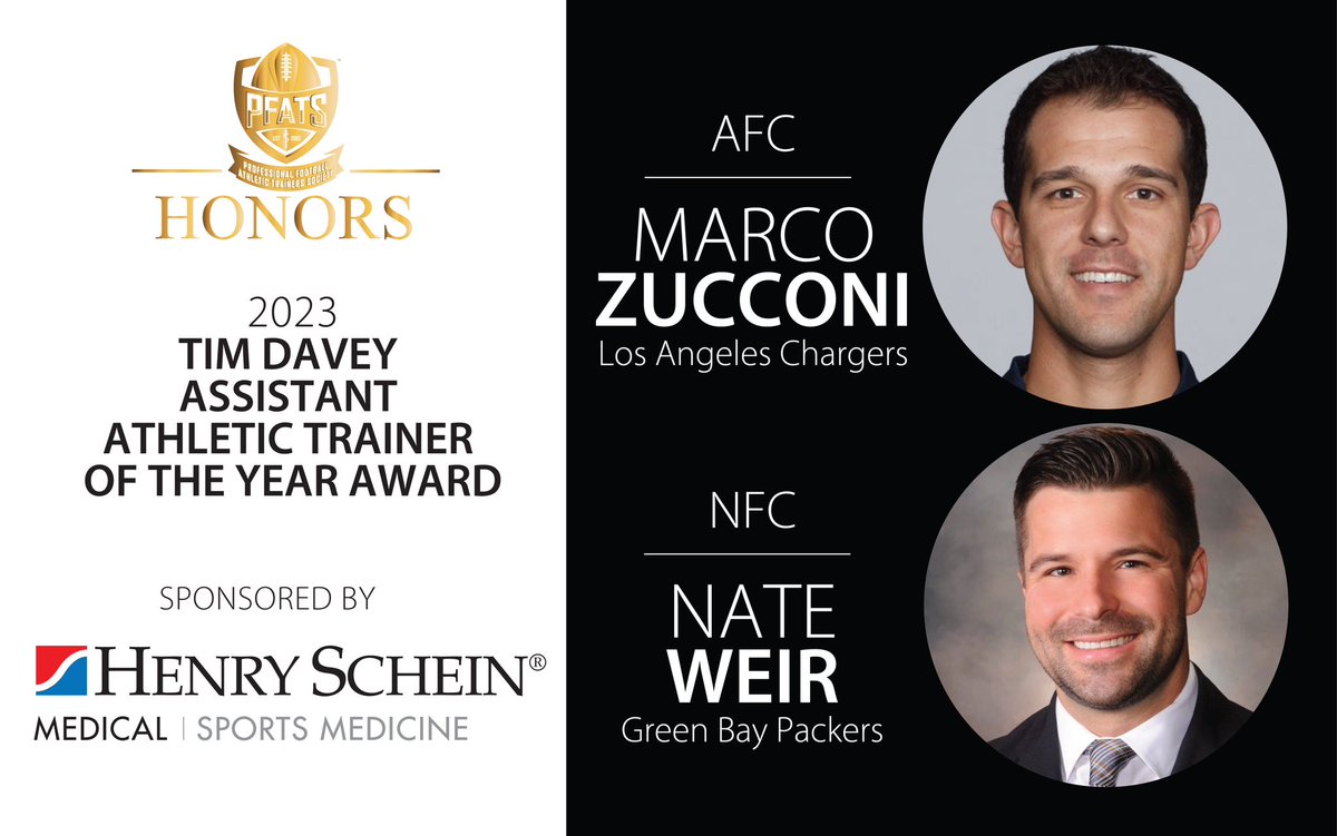 pfats_com's tweet photo. Congratulations to Marco Zucconi of the @chargers and Nate Weir of the @packers on being honored as the Tim Davey Assistant Athletic Trainers of the year! #PFATSHonors #NATM2023 https://t.co/tPvW4jP3lW
