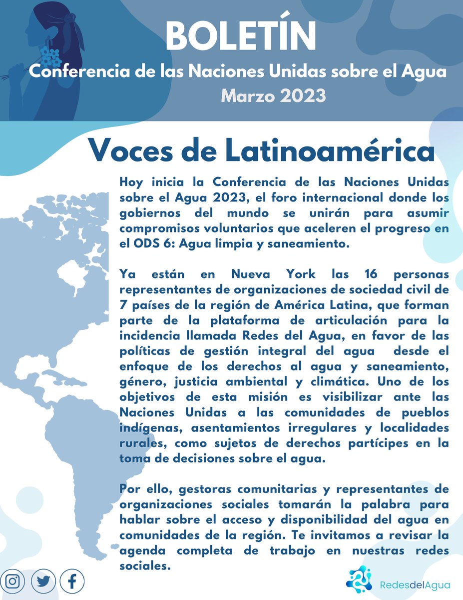 redesdelagua's tweet photo. 16 personas de 7 países de América Latina estamos en la #ConferenciaDelAgua de la #ONU para hacer visible la situación del agua en la región Acompañamos el testimonio de gestoras comunitarias y el lanzamiento del #WaterJusticeManifesto #UNWater #WaterAction #UNWater2023Conference https://t.co/V3WOSEYI7p